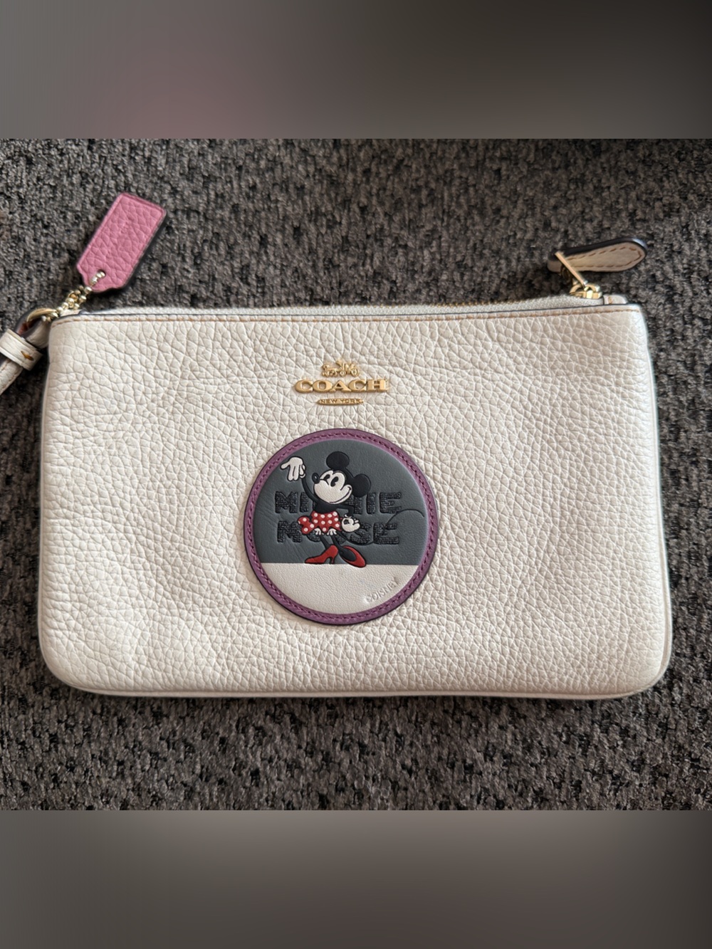 Coach Cream Pebbled Leather Wristlet with Minnie Mouse Patch